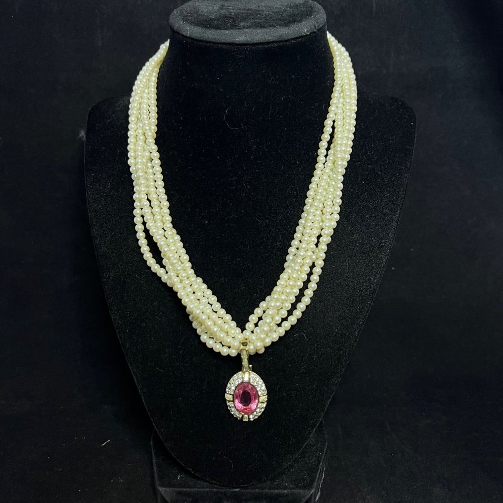 VTG Givenchy Style Gold Tone Faux Pearl 6 Strand Necklace W/Pink Pendant (2705) - Picture 1 of 10